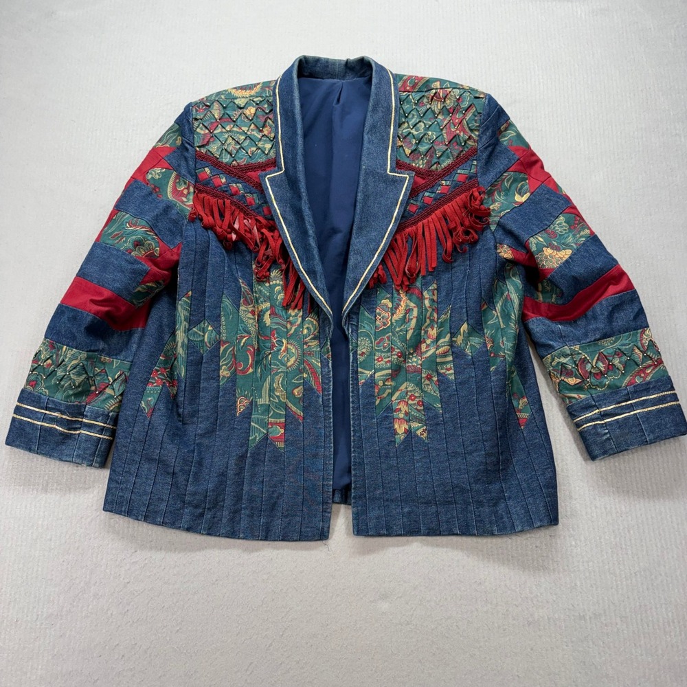 Unbranded Patchwork Denim Jacket Womens L Blue‎ Red Western Fringe Paisley